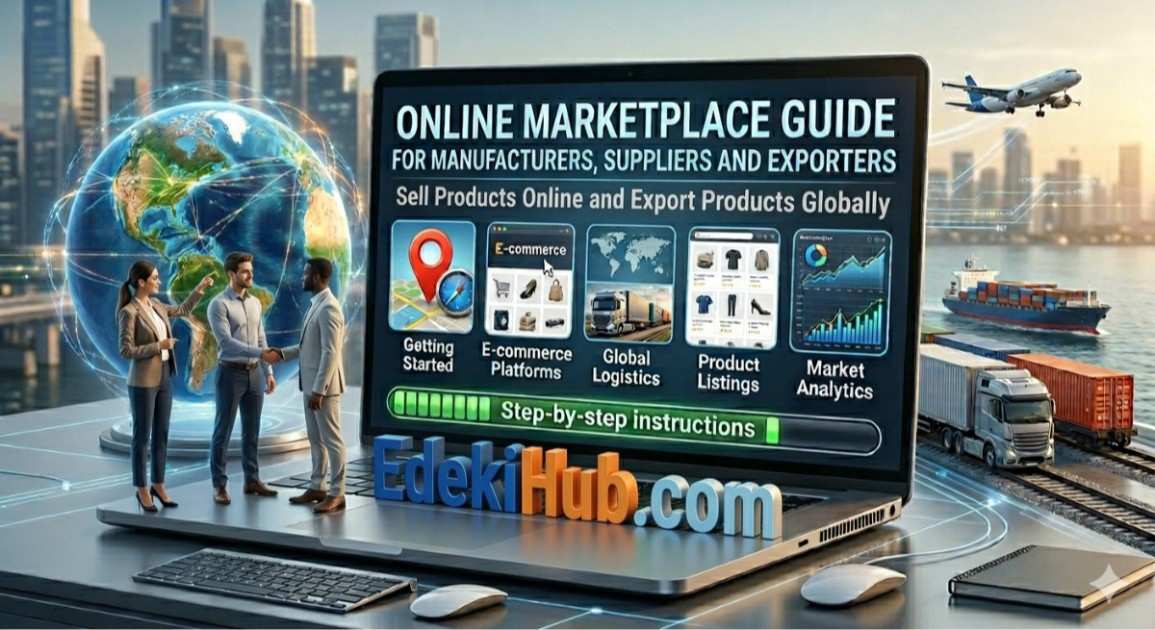 online marketplace. Images of two males and one female are close to a world map and standing on a big laptop written "online marketplace guide for manufacturers, suppliers and exporters: Sell products online and export products globally". It shows how to get started selling on ecommerce platforms, handle global logistics, market analytics and boldly written EdekiHub.com. Behind the laptop are truck, train, ship and plane.